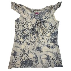Yoana Baraschi Ivory Floral Bird Ribbon Print Bow Neck Sleeveless Top Size M